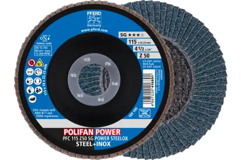 Disco de láminas lijadoras POLIFAN POWER PFC 115x22,23 mm cónico Z50, línea rendimiento SG STEELOX para acero/acero inoxidable 1