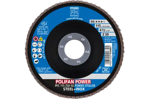 Disco de láminas lijadoras POLIFAN POWER PFC 115x22,23 mm cónico Z50, línea rendimiento SG STEELOX para acero/acero inoxidable 2