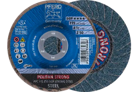 Disco de láminas lijadoras STRONG POLIFAN PFC 115x22,23 mm cónico Z50 línea SGP STEEL para acero 1