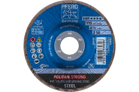 Disco de láminas lijadoras STRONG POLIFAN PFC 115x22,23 mm cónico Z50 línea SGP STEEL para acero 2