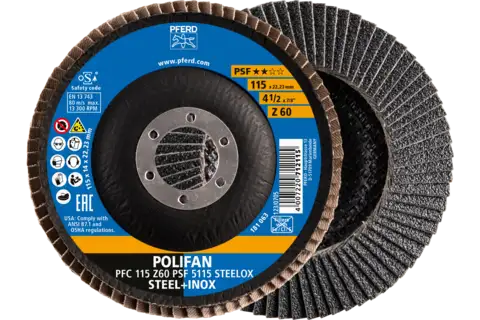 Disco de láminas lijadoras POLIFAN PFC 115x22,23 mm cónico Z60 línea universal PSF 5115 STEELOX acero/acero inoxidable 1