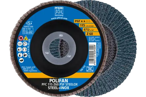 Disco lamelar POLIFAN PFC 115x22,23 mm, cônico Z60 Uni. Linha PSF STEELOX para aço/aço inoxidável 1