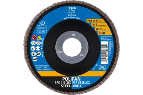 Disco lamelar POLIFAN PFC 115x22,23 mm, cônico Z60 Uni. Linha PSF STEELOX para aço/aço inoxidável 2