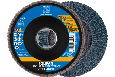 Disque à lamelles POLIFAN PFC 115 mm, X-LOCK, conique, Z60, gamme universelle PSF STEELOX acier/acier inoxydable 1