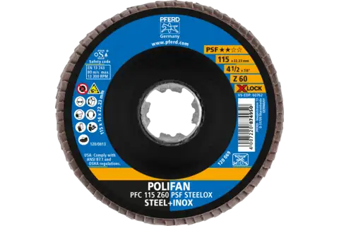 POLIFAN flap taşlama diski PFC 115 mm X-LOCK konik Z60 Üni. Line PSF STEELOX çelik/paslanmaz çelik 2