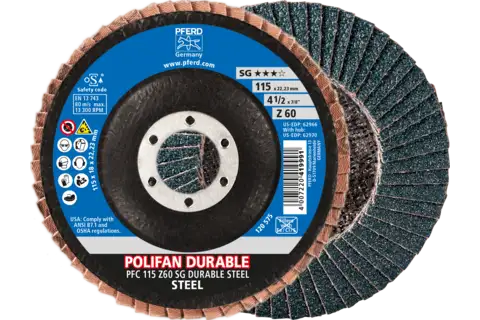 POLIFAN POWER flap taşlama diski PFC 115x22.23 mm konik Z60 Performans Serisi SG DURABLE STEEL çelik için 1