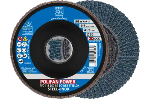 Disco de láminas lijadoras POWER POLIFAN PFC 115 mm X-LOCK cónico Z60 SG STEELOX acero/acero inoxidable 1