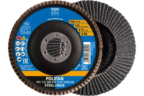Disco de láminas lijadoras POLIFAN PFC 115x22,23 mm cónico Z80 línea universal PSF 5115 STEELOX acero/acero inoxidable 1