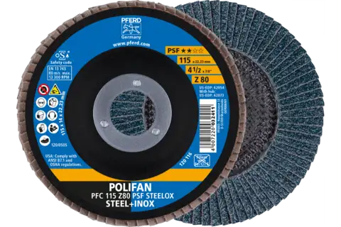 Disco lamelar POLIFAN PFC 115x22,23 mm, cônico Z80 Uni. Linha PSF STEELOX para aço/aço inoxidável 1