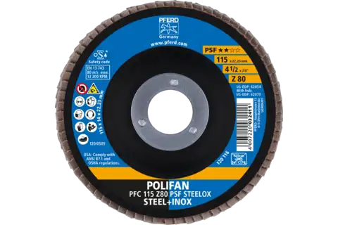 Disco lamelar POLIFAN PFC 115x22,23 mm, cônico Z80 Uni. Linha PSF STEELOX para aço/aço inoxidável 2