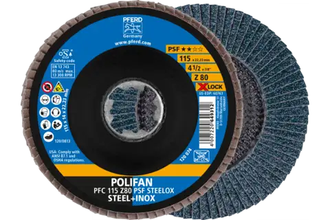 POLIFAN flap taşlama diski PFC 115 mm X-LOCK konik Z80 Üni. Line PSF STEELOX çelik/paslanmaz çelik 1