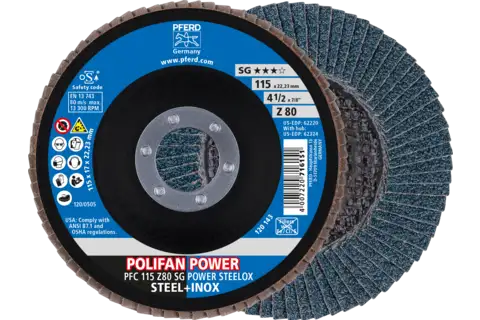 Disco de láminas lijadoras POWER POLIFAN PFC 115x22,23 mm cónico Z80 SG STEELOX acero/acero inoxidable 1