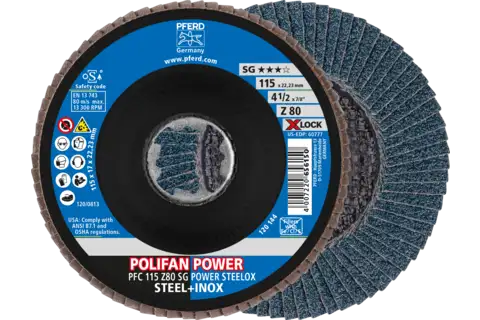 POLIFAN POWER flap taşlama diski PFC 115 mm X-LOCK konik Z80 SG STEELOX çelik/paslanmaz çelik 1