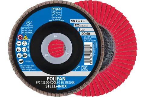 Disco de láminas lijadoras POLIFAN PFC 125x22,23 mm cónico CO-COOL 60 SG STEELOX acero/acero inoxidable 1