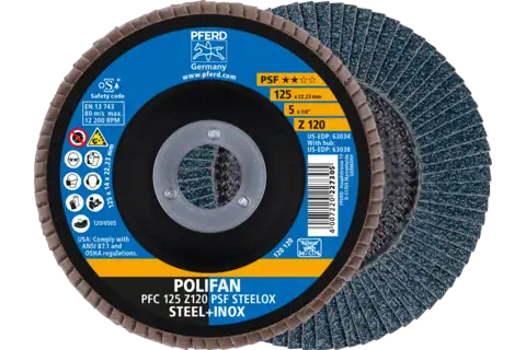 Disque à lamelles POLIFAN PFC 125x22,23 mm, conique, Z120, gamme universelle PSF STEELOX acier/acier inoxydable 1
