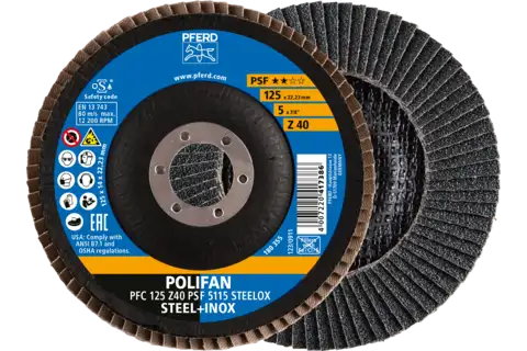Disco de láminas lijadoras POLIFAN PFC 125x22,23 mm cónico Z40 línea universal PSF 5115 STEELOX acero/acero inoxidable 1