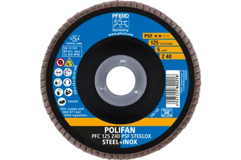 POLIFAN flap disc PFC 125x22.23 mm conical Z40 Uni. Line PSF STEELOX/1 steel/stainless steel 2