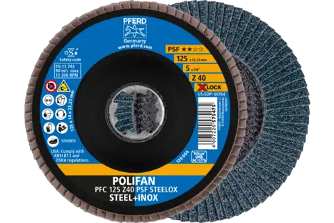 Disco de láminas lijadoras POLIFAN PFC 125 mm X-LOCK cónico Z40 línea universal PSF STEELOX acero/acero inoxidable 1