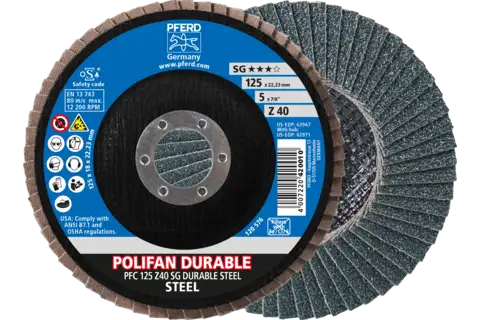 POLIFAN POWER flap disc PFC 125x22.23 mm conical Z40 Performance Line SG DURABLE STEEL for steel 1