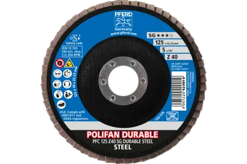 Disco de láminas lijadoras POLIFAN POWER PFC 125x22,23 mm cónico Z40, línea rendimiento SG DURABLE STEEL para acero 2