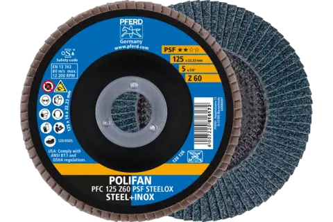 Disco de láminas lijadoras POLIFAN PFC 125x22,23 mm cónico Z60 línea universal PSF STEELOX/1 acero/acero inoxidable 1