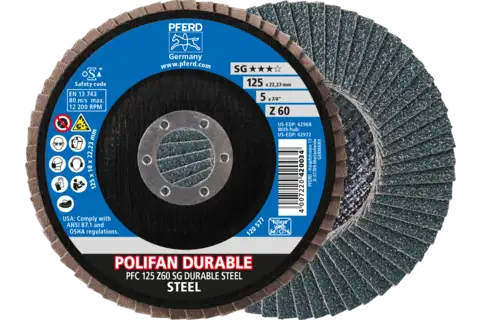 Disco de láminas lijadoras POLIFAN POWER PFC 125x22,23 mm cónico Z60, línea rendimiento SG DURABLE STEEL para acero 1