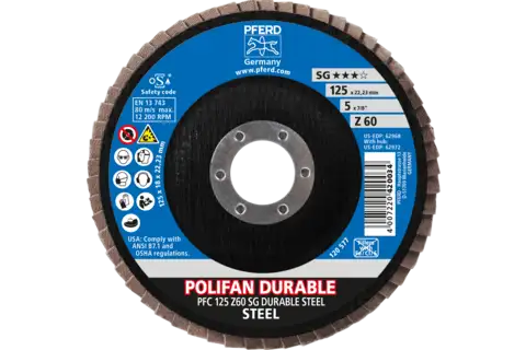 POLIFAN POWER flap taşlama diski PFC 125x22.23 mm konik Z60 Performans Serisi SG DURABLE STEEL çelik için 2