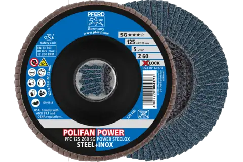 POLIFAN POWER flap taşlama diski PFC 125 mm X-LOCK konik Z60 SG STEELOX çelik/paslanmaz çelik 1
