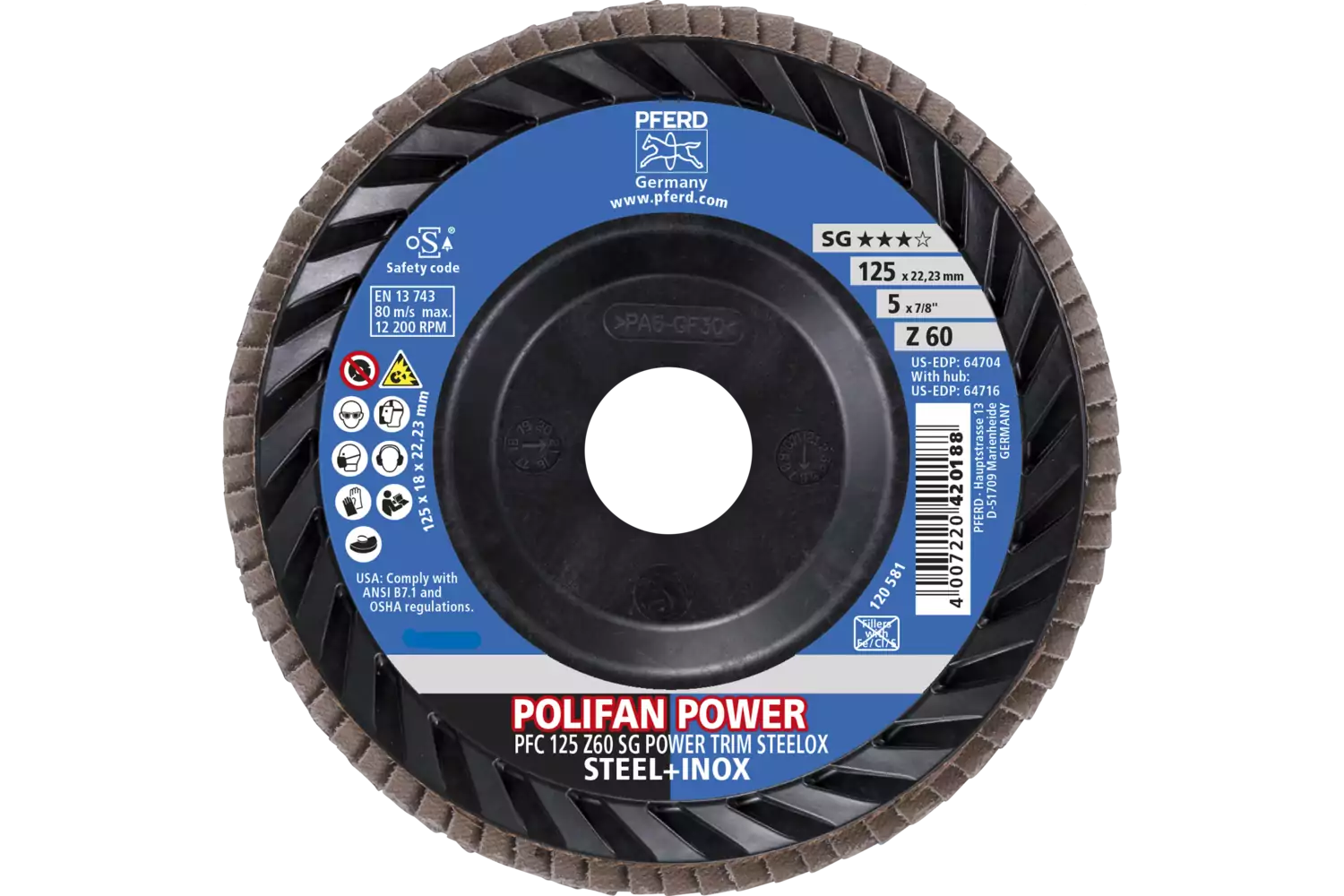 POLIFAN POWER flap disc PFC 125x22.23 mm conical Z60 Performance Line SG TRIM STEELOX for steel/stainless steel 2