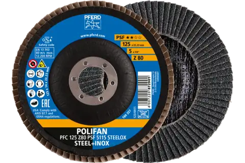 Disco de láminas lijadoras POLIFAN PFC 125x22,23 mm cónico Z80 línea universal PSF 5115 STEELOX acero/acero inoxidable 1