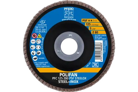 Disco de láminas lijadoras POLIFAN PFC 125x22,23 mm cónico Z80 línea universal PSF STEELOX acero/acero inoxidable 2