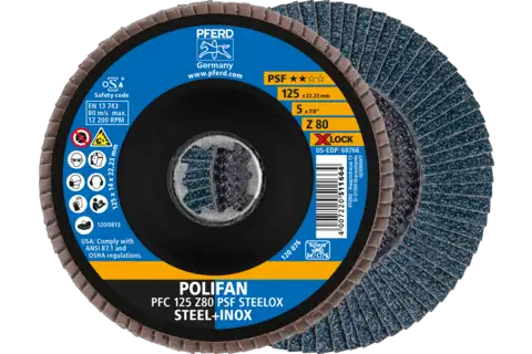Disco de láminas lijadoras POLIFAN PFC 125 mm X-LOCK cónico Z80 línea universal PSF STEELOX acero/acero inoxidable 1