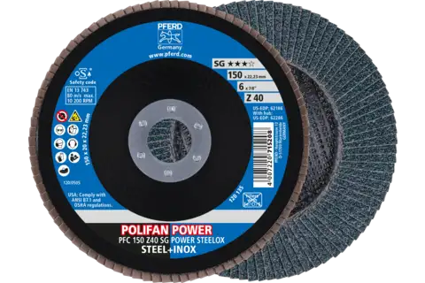 Disco de láminas lijadoras POWER POLIFAN PFC 150x22,23 mm cónico Z40 SG STEELOX acero/acero inoxidable 1