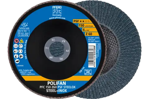 Disco de láminas lijadoras POLIFAN PFC 150x22,23 mm cónico Z60 línea universal PSF STEELOX acero/acero inoxidable 1
