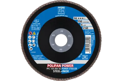 Disco de láminas lijadoras POWER POLIFAN PFC 150x22,23 mm cónico Z60 SG STEELOX acero/acero inoxidable 2