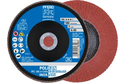 POLIFAN flap disc PFC 180x22.23 mm conical A-COOL 40 SG INOX+ALU stainless steel/aluminium 1