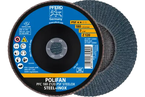 Disque à lamelles POLIFAN PFC 180x22,23 mm, conique, Z120, gamme universelle PSF STEELOX acier/acier inoxydable 1