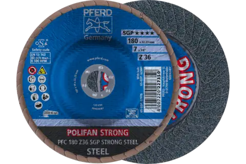 Disco de láminas lijadoras STRONG POLIFAN PFC 180x22,23 mm cónico Z36 línea SGP STEEL para acero 1