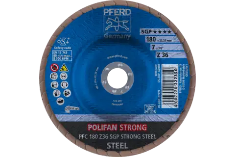 Disco de láminas lijadoras STRONG POLIFAN PFC 180x22,23 mm cónico Z36 línea SGP STEEL para acero 2