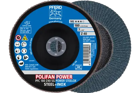 Disco de láminas lijadoras POWER POLIFAN PFC 180x22,23 mm cónico Z40 SG STEELOX acero/acero inoxidable 1