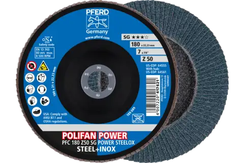 Disco de láminas lijadoras POLIFAN POWER PFC 180x22,23 mm cónico Z50, línea rendimiento SG STEELOX para acero/acero inoxidable 1