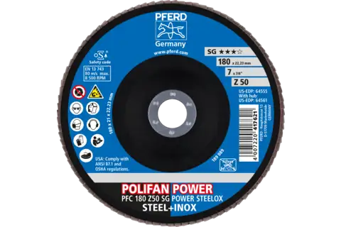 Disco de láminas lijadoras POLIFAN POWER PFC 180x22,23 mm cónico Z50, línea rendimiento SG STEELOX para acero/acero inoxidable 2