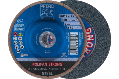 Disco de láminas lijadoras STRONG POLIFAN PFC 180x22,23 mm cónico Z50 línea SGP STEEL para acero 1