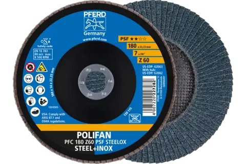 Disco lamelar POLIFAN PFC 180x22,23 mm cônico Z60 Uni. Linha PSF STEELOX para aço/aço inoxidável 1