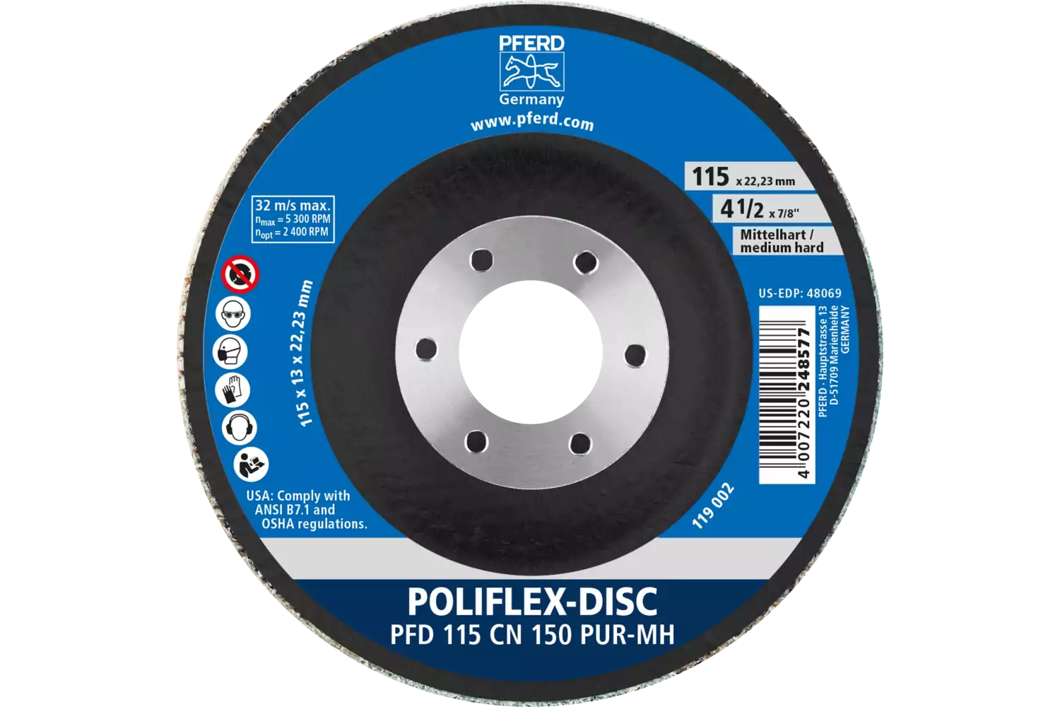 Poliflex disc PFD dia. 115x14 mm centre hole dia. 22.23 mm bond PUR medium-hard SIC150 3