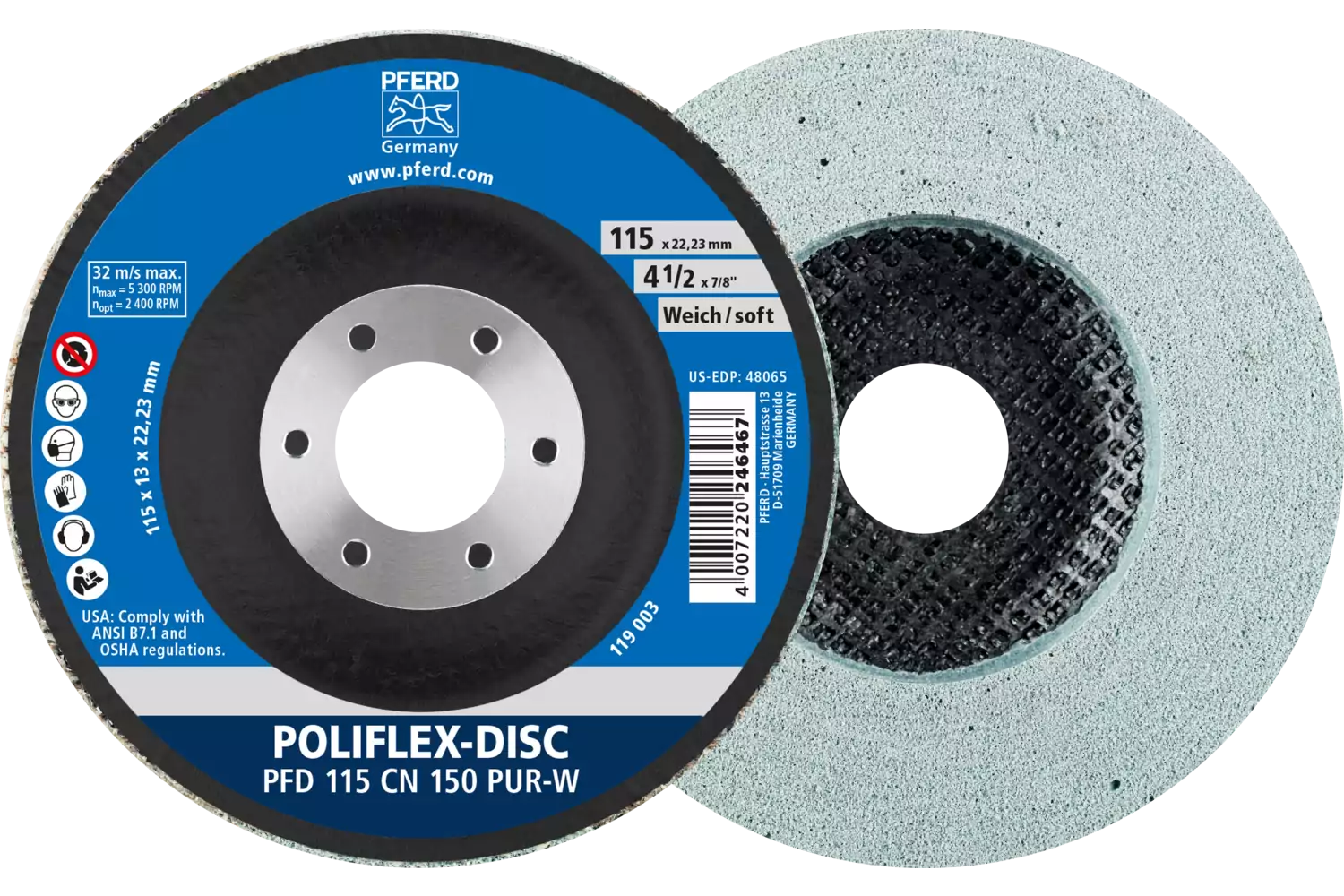 Poliflex disc PFD dia. 115x14 mm centre hole dia. 22.23 mm bond PUR soft SIC150 1