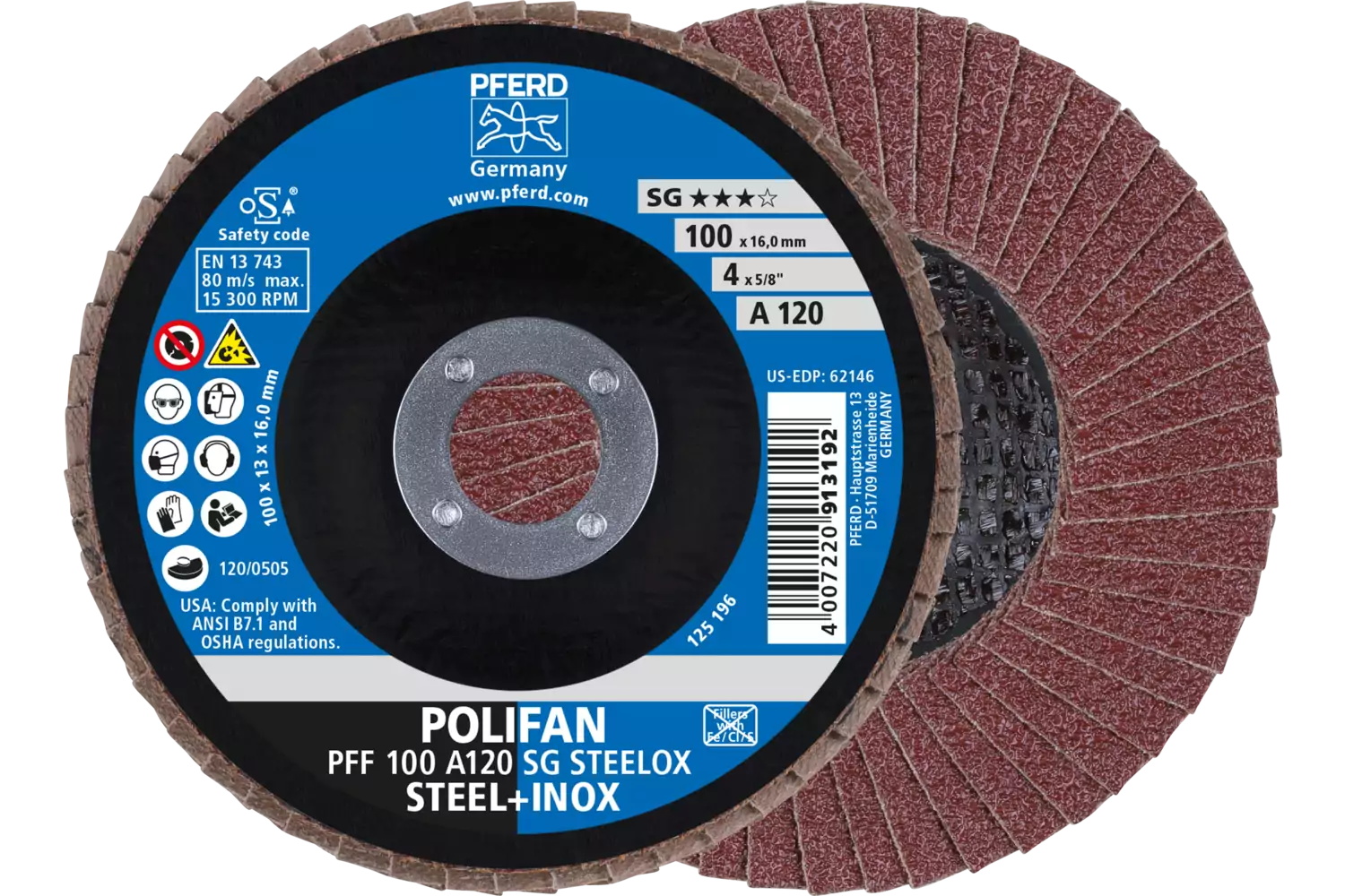 POLIFAN flap disc PFF 100x16 mm flat A120 Performance Line SG STEELOX steel/stainless steel 1