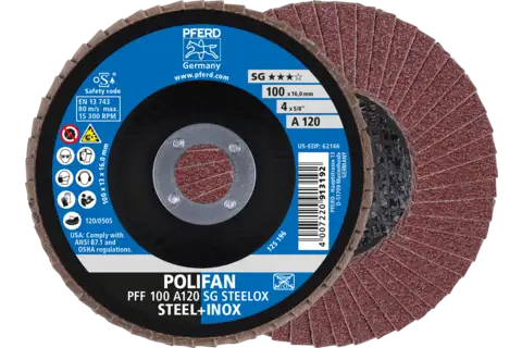 POLIFAN flap disc PFF 100x16 mm flat A120 Performance Line SG STEELOX steel/stainless steel 1