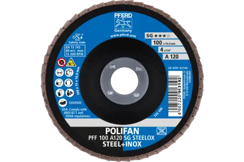 Disque à lamelles POLIFAN PFF 100x16 mm, plat, A120, gamme performance SG STEELOX acier/acier inoxydable 2