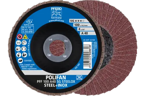POLIFAN flap disc PFF 100x16 mm flat A40 Performance Line SG STEELOX steel/stainless steel 1